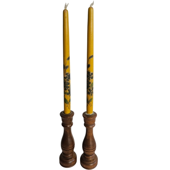 Vtg Wood Faux Taper Candles Painted Retro Clovers MCM Daisy Flower Power (2) - Picture 1 of 7